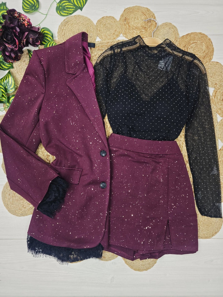 Completo in lurex con giacca foderata in pizzo e bottoni e pantagonna con vita elastico Bordo Level Stores