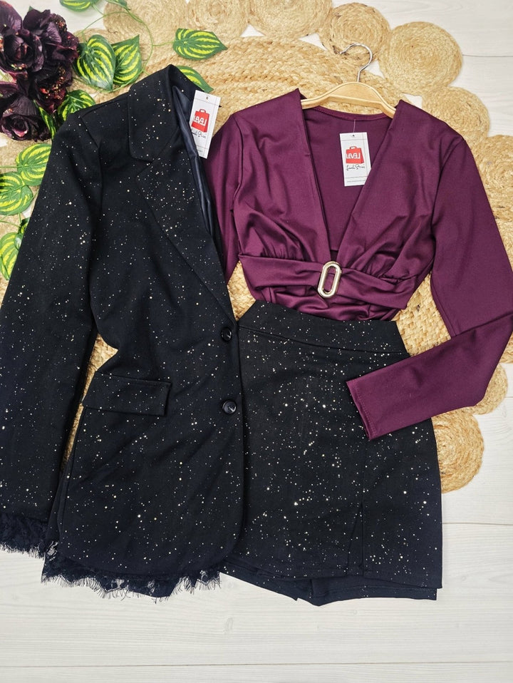 Completo in lurex con giacca foderata in pizzo e bottoni e pantagonna con vita elastico Nero Level Stores