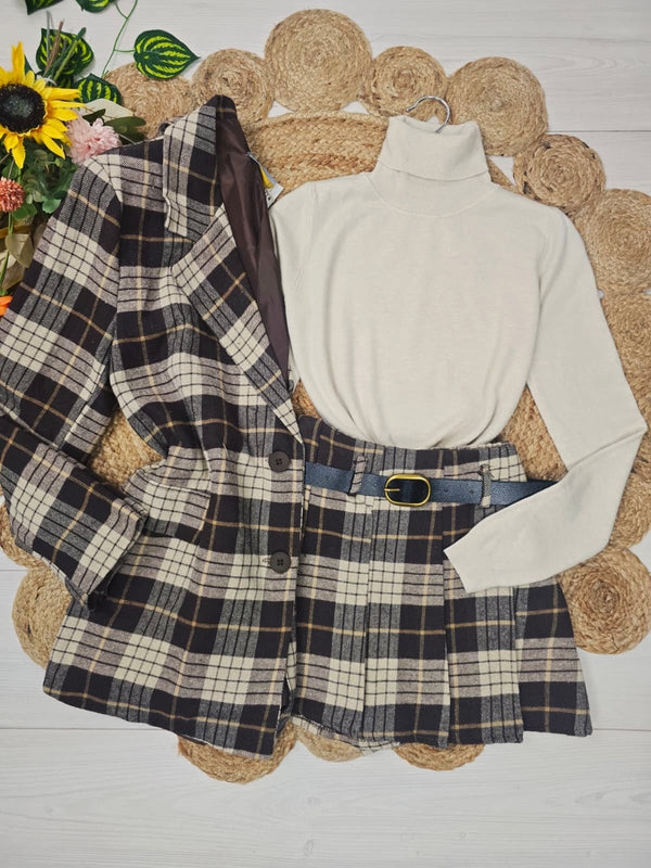 Completo in panno Giacca blazer con bottoni e pantagonna con fantasia scozzese elastico in vita inclusa la cintura pensato caldo e morbido Nero Level Stores