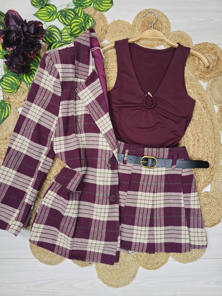 Completo in panno Giacca blazer con bottoni e pantagonna con fantasia scozzese elastico in vita inclusa la cintura pensato caldo e morbido Marrone Level Stores