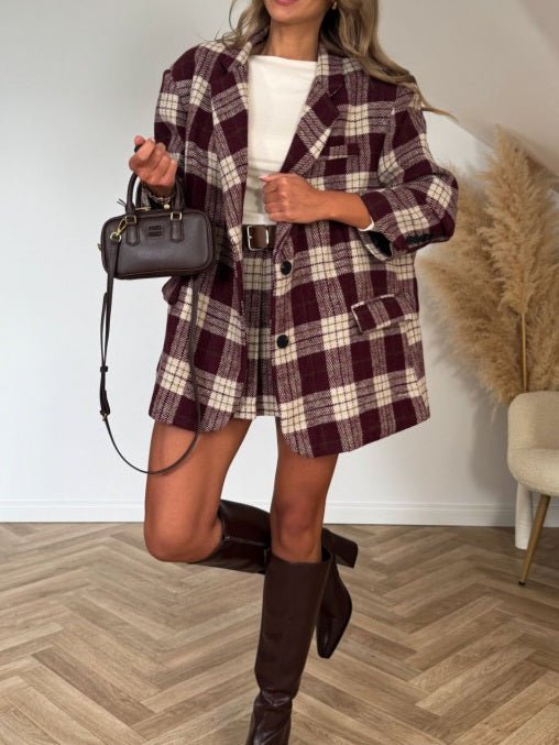 Completo in panno Giacca blazer con bottoni e pantagonna con fantasia scozzese elastico in vita inclusa la cintura pensato caldo e morbido Marrone Level Stores