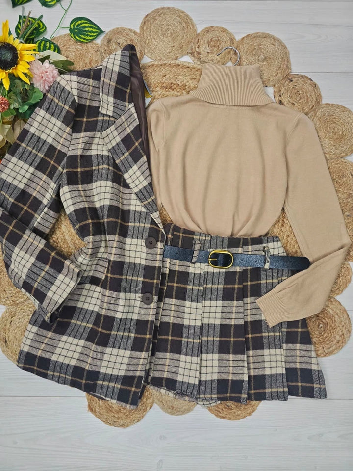 Completo in panno Giacca blazer con bottoni e pantagonna con fantasia scozzese elastico in vita inclusa la cintura pensato caldo e morbido Marrone Level Stores