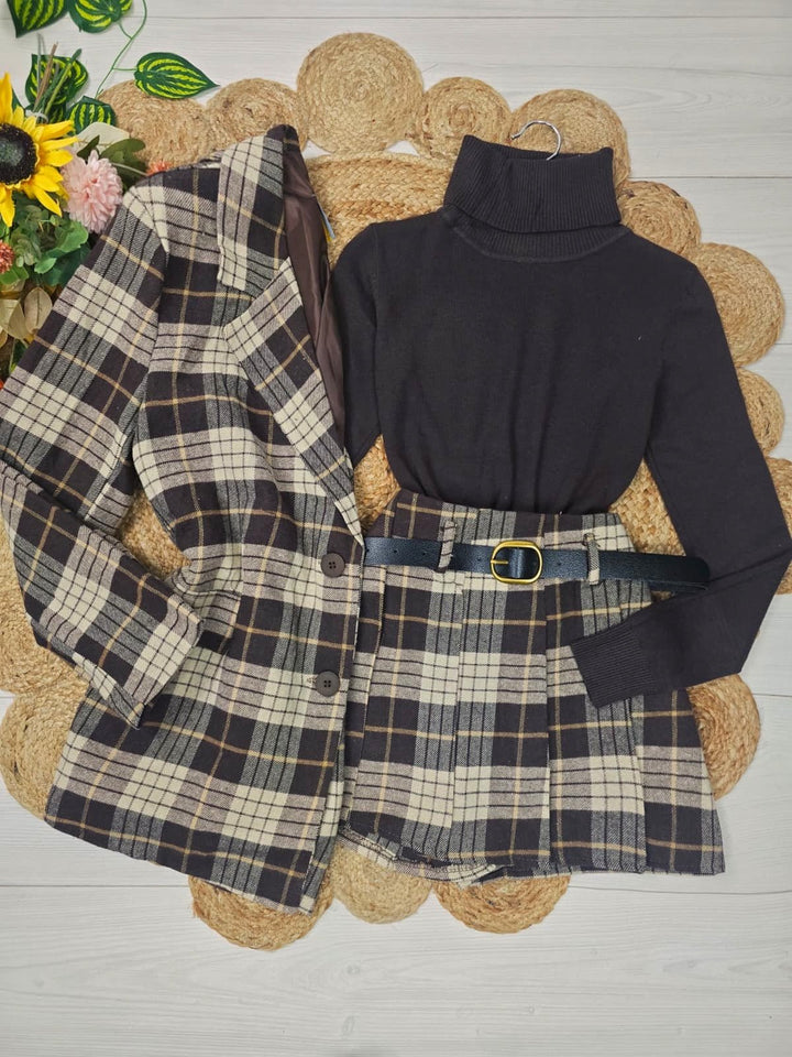 Completo in panno Giacca blazer con bottoni e pantagonna con fantasia scozzese elastico in vita inclusa la cintura pensato caldo e morbido Nero Level Stores