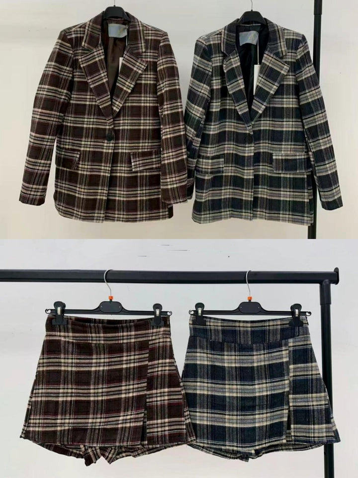 Completo in panno Giacca blazer con bottoni e pantagonna con fantasia scozzese inclusa la cintura pensato caldo Nero Level Stores