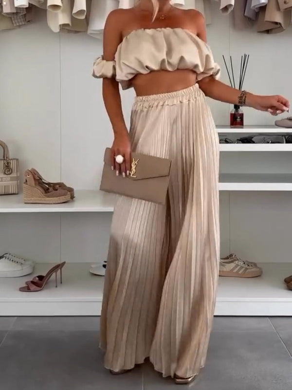 Completo in raso top e pantalone palazzo - Champagna - Level Stores