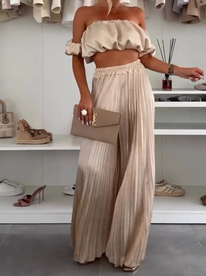 Completo in raso top e pantalone palazzo - Champagna - Level Stores