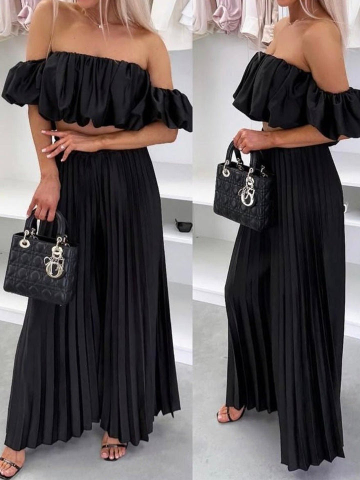 Completo in raso top e pantalone palazzo - Nero - Level Stores