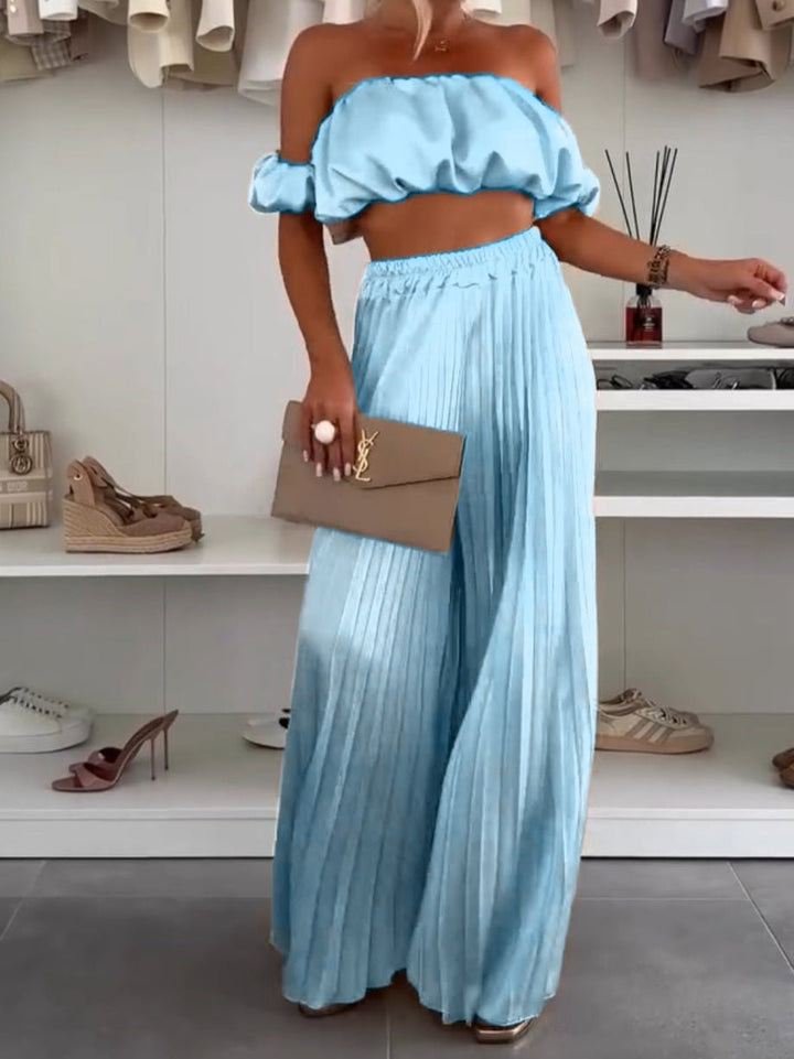 Completo in raso top e pantalone palazzo - Celeste - Level Stores