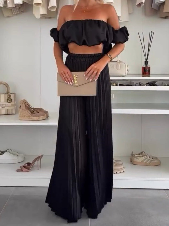 Completo in raso top e pantalone palazzo - Champagna - Level Stores