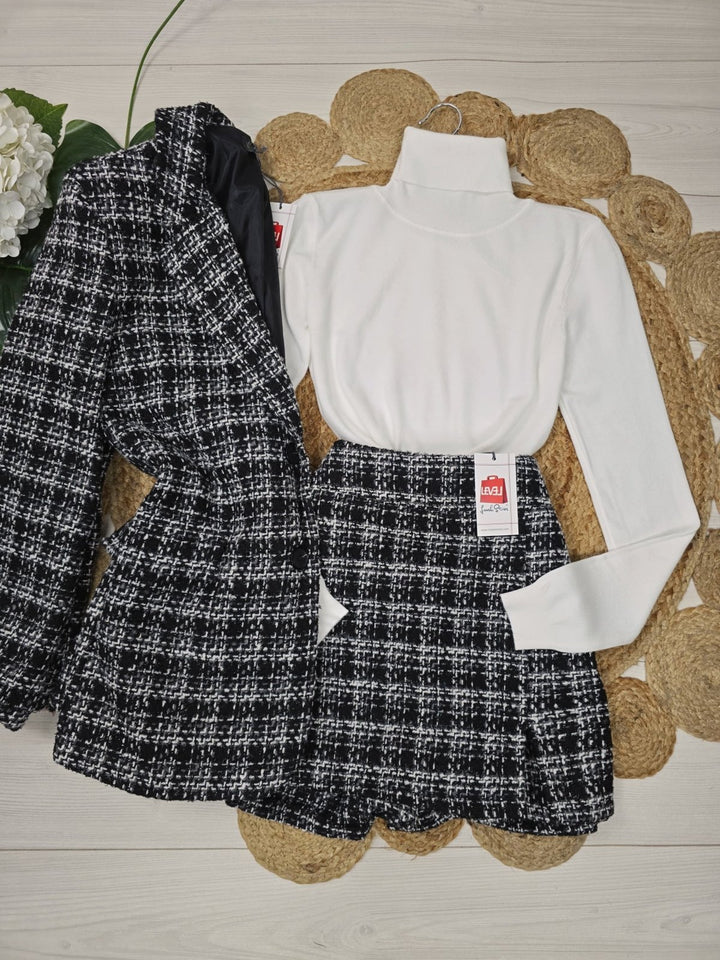 Completo in tweed giacca con bottone e pantagonna con zip Nero Level Stores