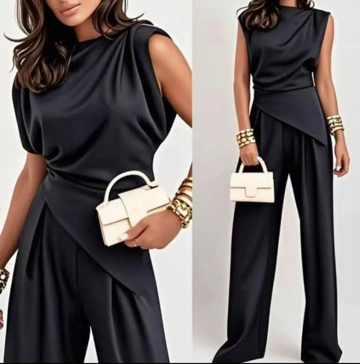 Completo top con spalle pantalone modello palazzo - Nero - Level Stores