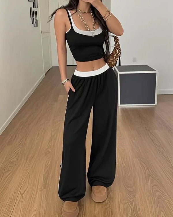 Completo top e pantalone palazzo elastico in vita - Nero - Level Stores