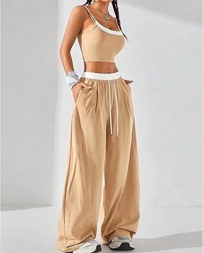 Completo top e pantalone palazzo elastico in vita - Beige - Level Stores