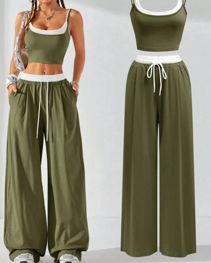 Completo top e pantalone palazzo elastico in vita - Verde militale - Level Stores