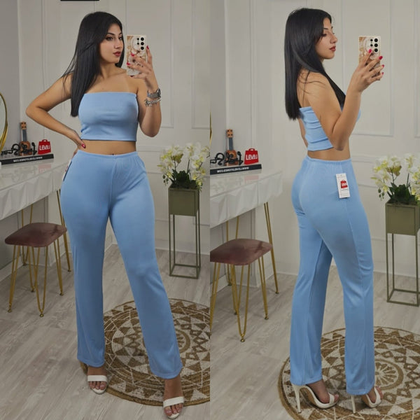 Completo top pantalone a zampa a costine - Nero - Level Stores