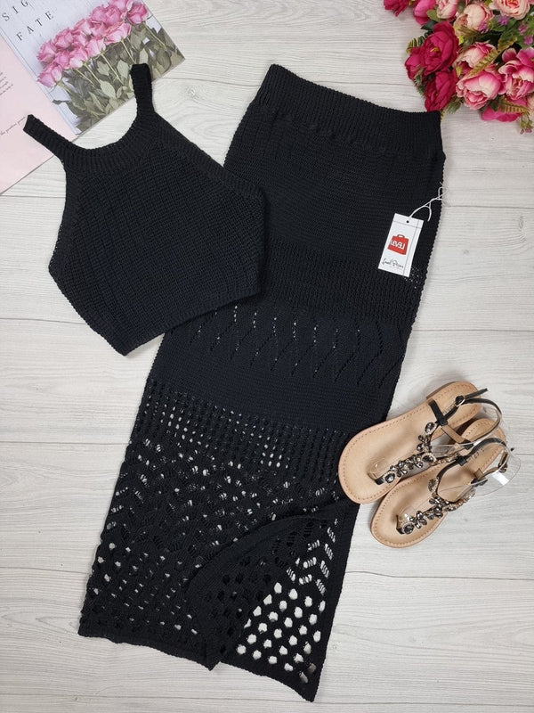Completo traforato con top e gonna - Nero - Level Stores