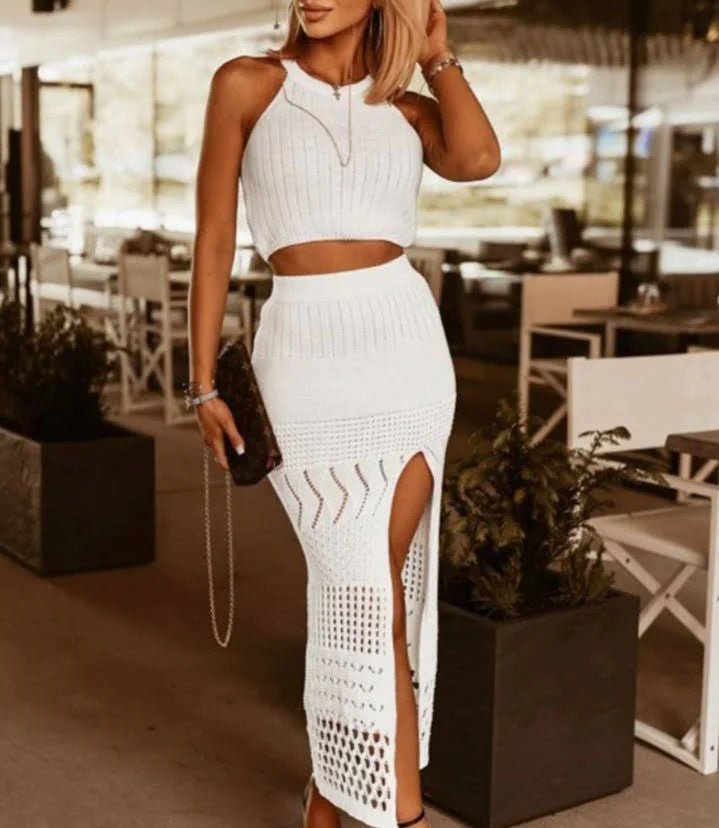 Completo traforato con top e gonna - Bianco - Level Stores