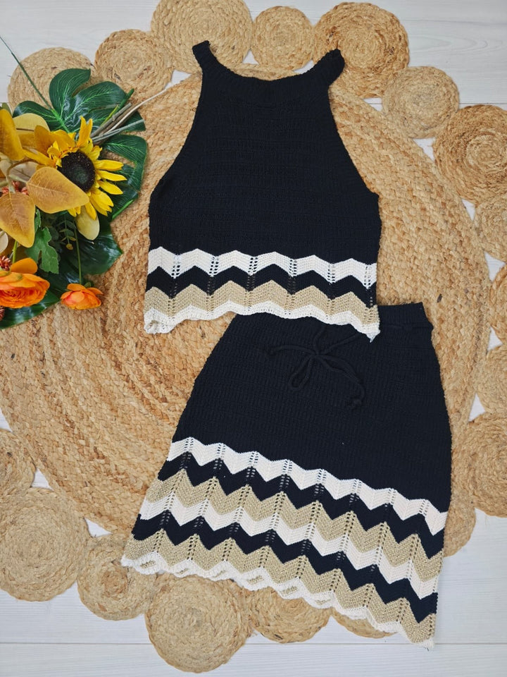 Completo traforato con top e gonna multicolore - Beige - Level Stores