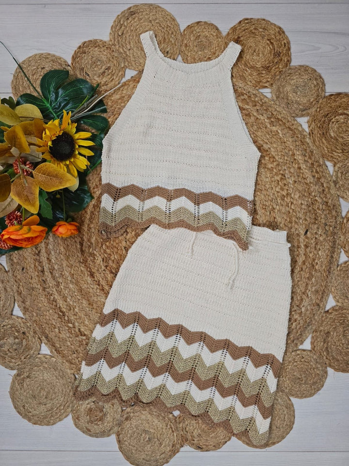 Completo traforato con top e gonna multicolore - Beige - Level Stores