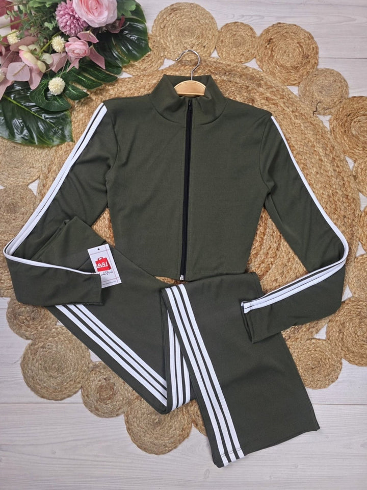 Completo - tuta a costine elasticizzato felpa con zip pantalone a zampa - Verde militare - Level Stores