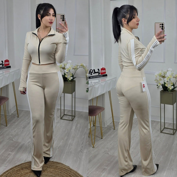Completo - tuta a costine elasticizzato felpa con zip pantalone a zampa - Nero - Level Stores