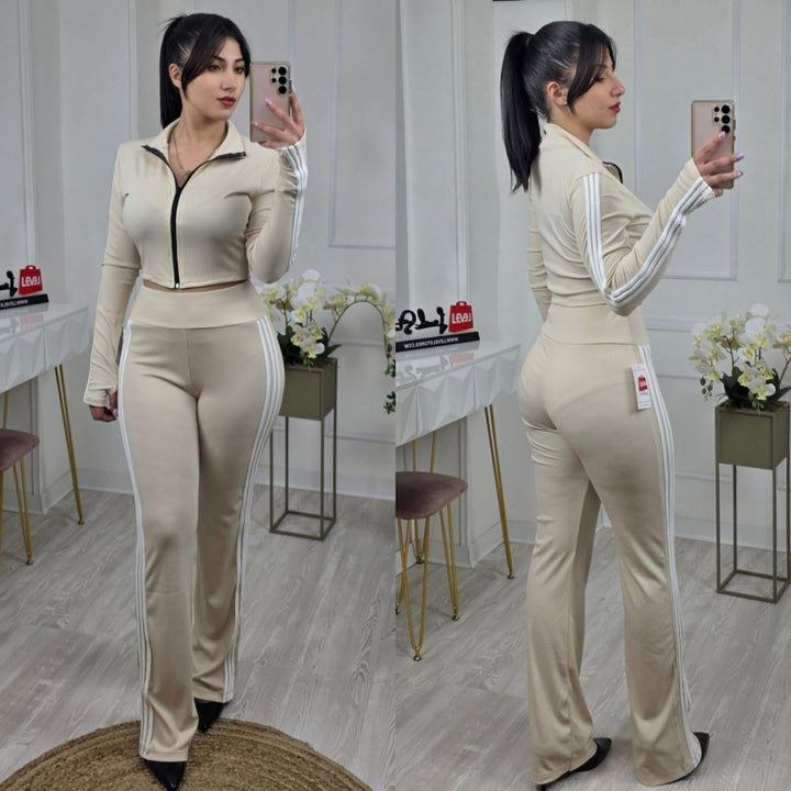 Completo - tuta a costine elasticizzato felpa con zip pantalone a zampa - Nero - Level Stores