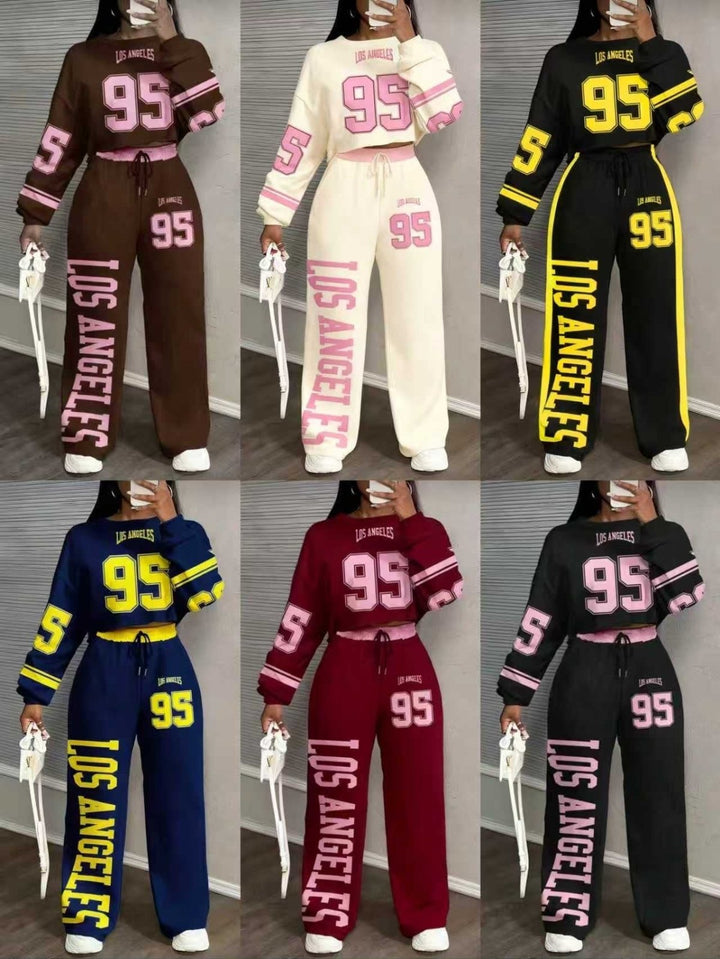 Completo tuta felpato con stampa formato da felpa e pantaloni modello palazzo con elastico in vita Nero/Rosa Level Stores