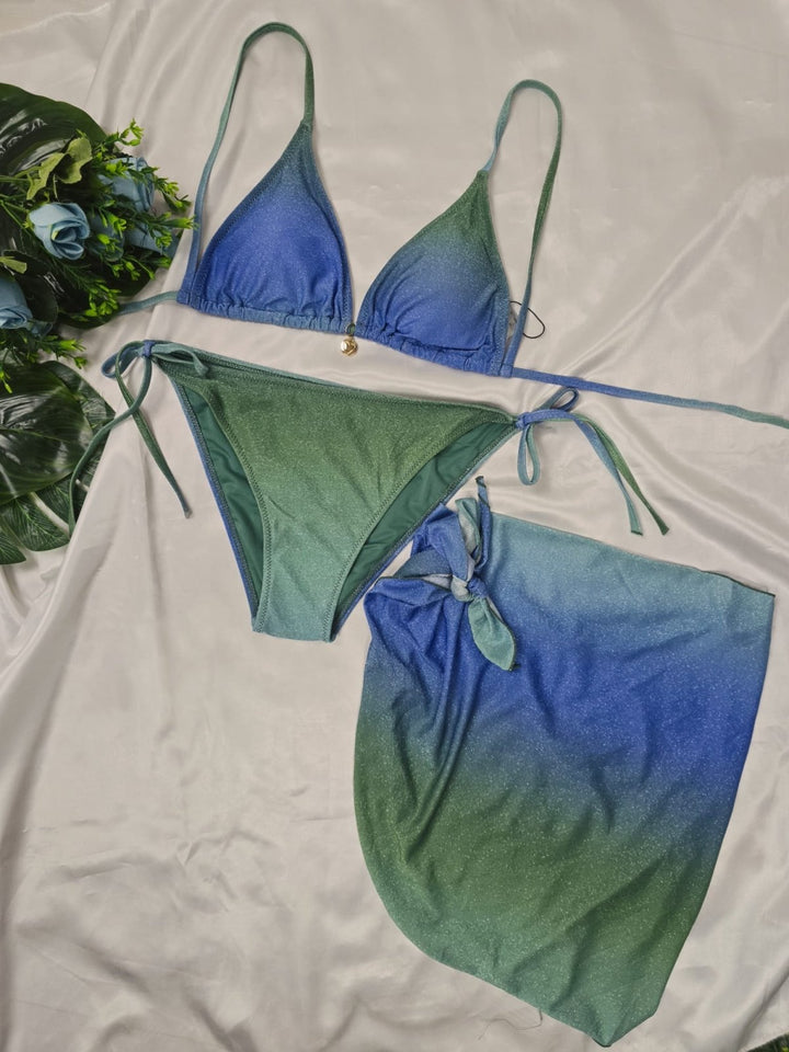 Costume da bagno con fantasia multicolor in tre pezzi - Blu - Level Stores