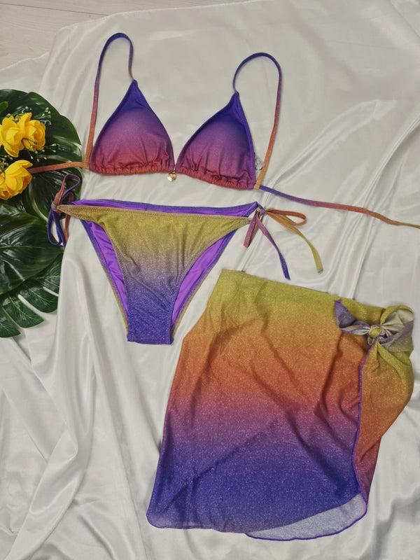 Costume da bagno con fantasia multicolor in tre pezzi - Viola - Level Stores