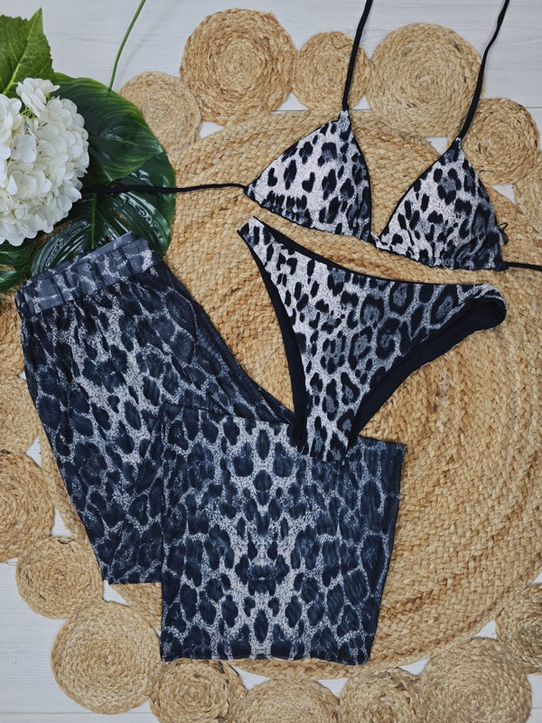 Costume da bagno in tre pezzi con pantalone palazzo con fantasia maculato - Nero - Level Stores