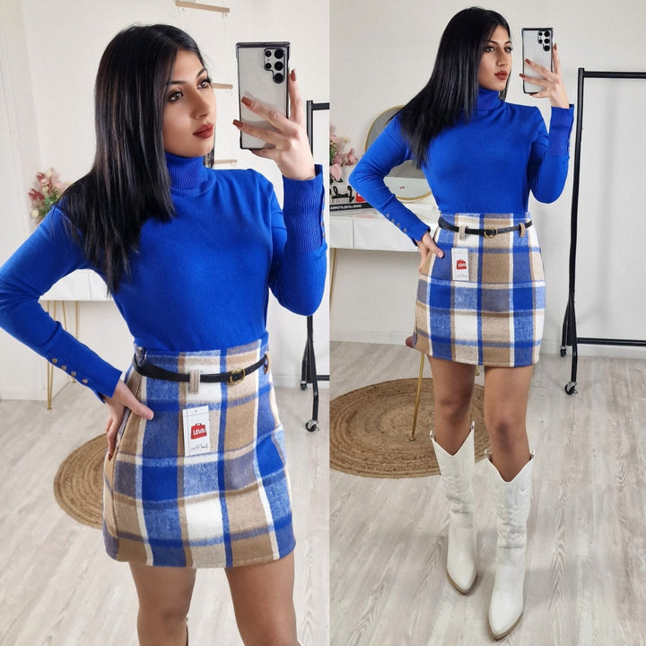 Dolcevita di maglione Collo alto Modello Zara Con bottoni Morbido Caldo - Blu elettrico - Level Stores