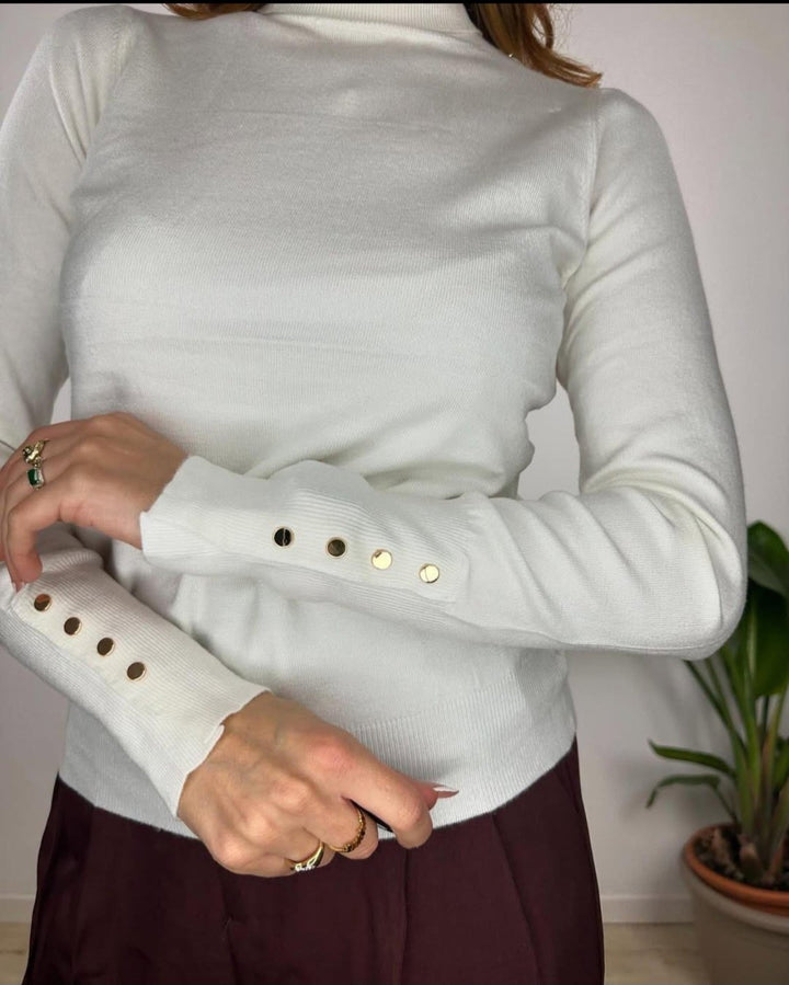 Dolcevita di maglione Modello Zara Con bottoni Morbido Caldo - Bianco - Level Stores