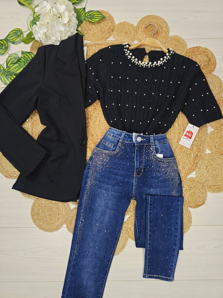 Giacca blazer a manica lunga con bottone elasticizzato casual Nero Level Stores