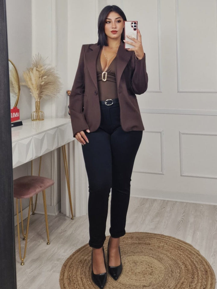 Giacca blazer a manica lunga con bottone elasticizzato casual Marrone Level Stores