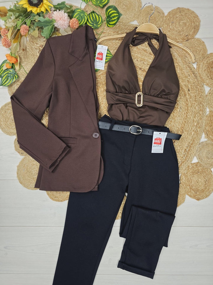 Giacca blazer a manica lunga con bottone elasticizzato casual Marrone Level Stores
