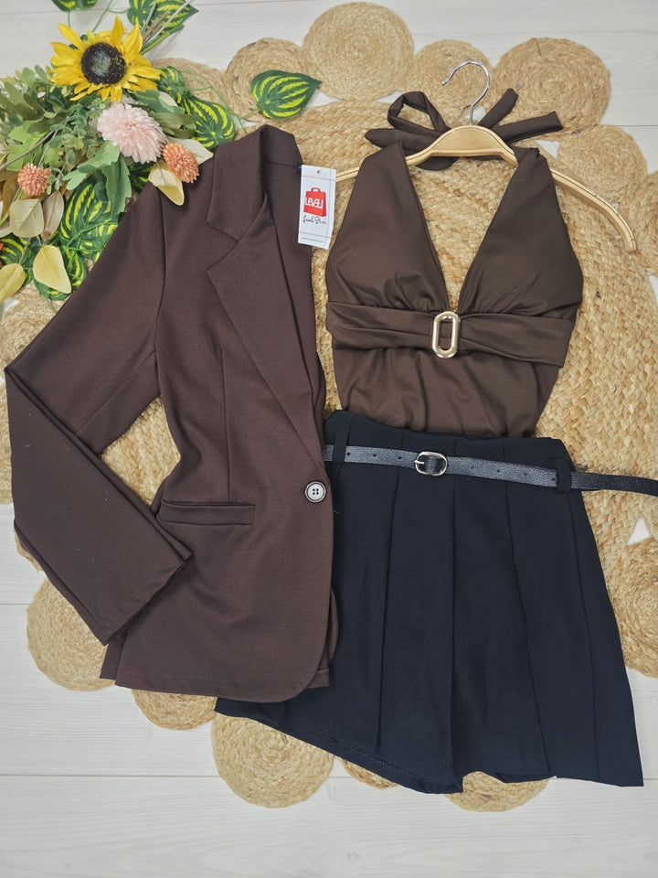 Giacca blazer a manica lunga con bottone elasticizzato casual Marrone Level Stores