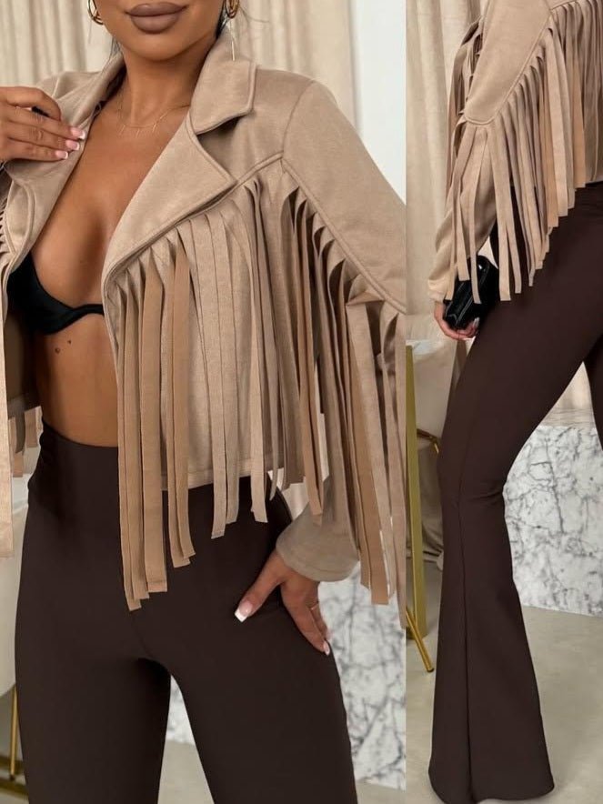 Giacca in dainetto a manica lunga e dettagli a frange Beige Level Stores