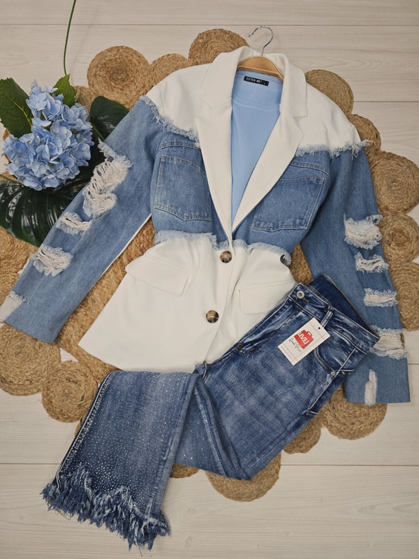 Giacca in jeans con tasche con bottoni Blu/Bianco Level Stores