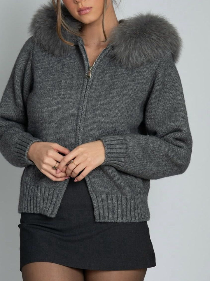 Giacca in lana con cappuccio in pelliccia con zip morbido e caldo Nero Level Stores