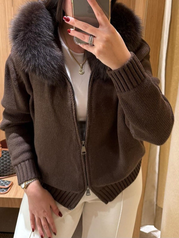 Giacca in lana con cappuccio in pelliccia con zip morbido e caldo Nero Level Stores