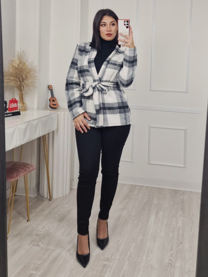 Giacca in panno co fantasia scozzese manica lunga inclusa la cintura, Nero Level Stores