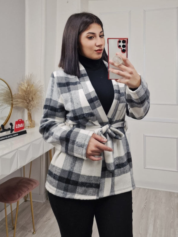 Giacca in panno co fantasia scozzese manica lunga inclusa la cintura, Nero Level Stores