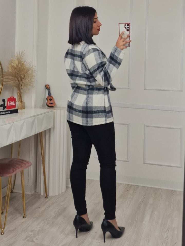 Giacca in panno co fantasia scozzese manica lunga inclusa la cintura, Camel Level Stores