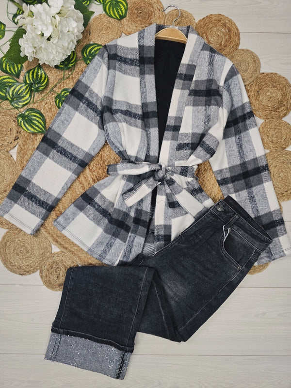 Giacca in panno co fantasia scozzese manica lunga inclusa la cintura, Nero Level Stores