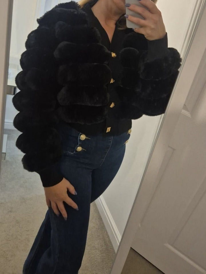 Giacca in Pelliccia con bottoni maniche lunghe morbido e caldo Nero Level Stores