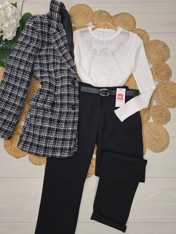 Giacca in tweed con bottone tessuto pesante morbido con fodera Nero/Bianco Level Stores