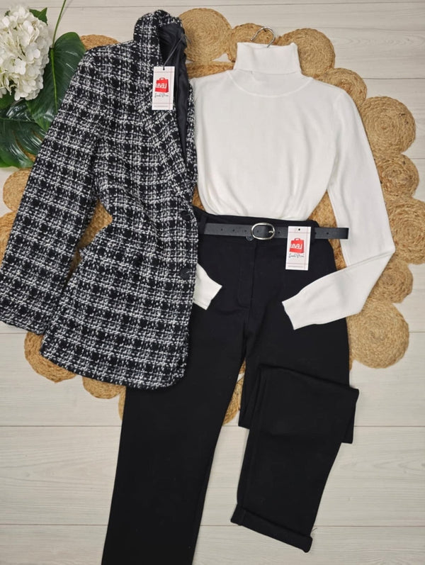 Giacca in tweed con bottone tessuto pesante morbido con fodera Nero/Bianco Level Stores