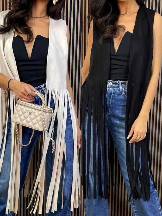 Gilet in dainetto con frange Nero Level Stores