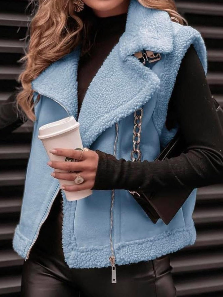 Gilet in dainetto in lana d agnello sintetica Cerniera Morbido Caldo Celeste Level Stores