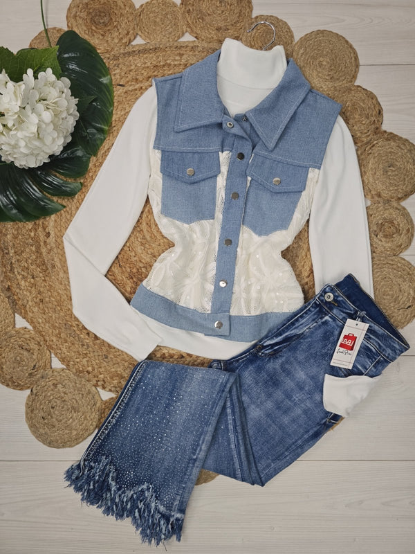 Gilet in jeans con tasche smanicato con bottoni Blu/Bianco Level Stores